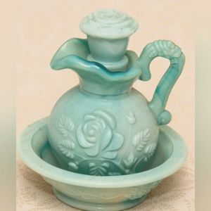 Vintage Avon Aqua Fostoria Glass Pitcher and bowl